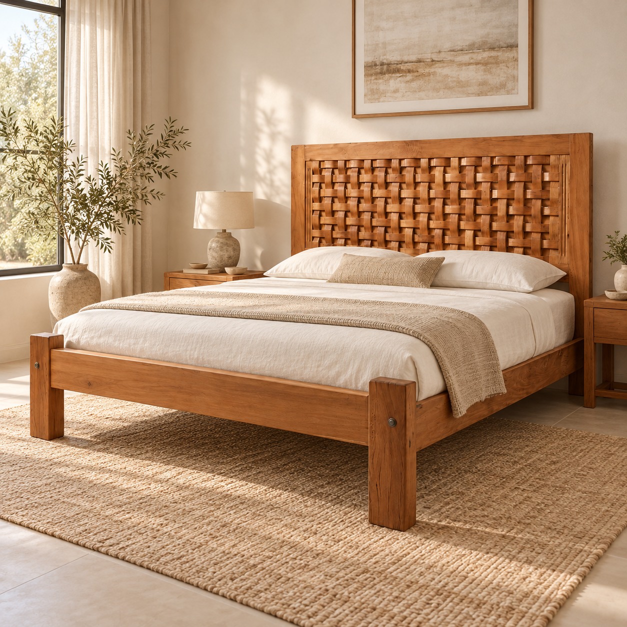 Quarto com cama de madeira trançada — ambientação por IA
